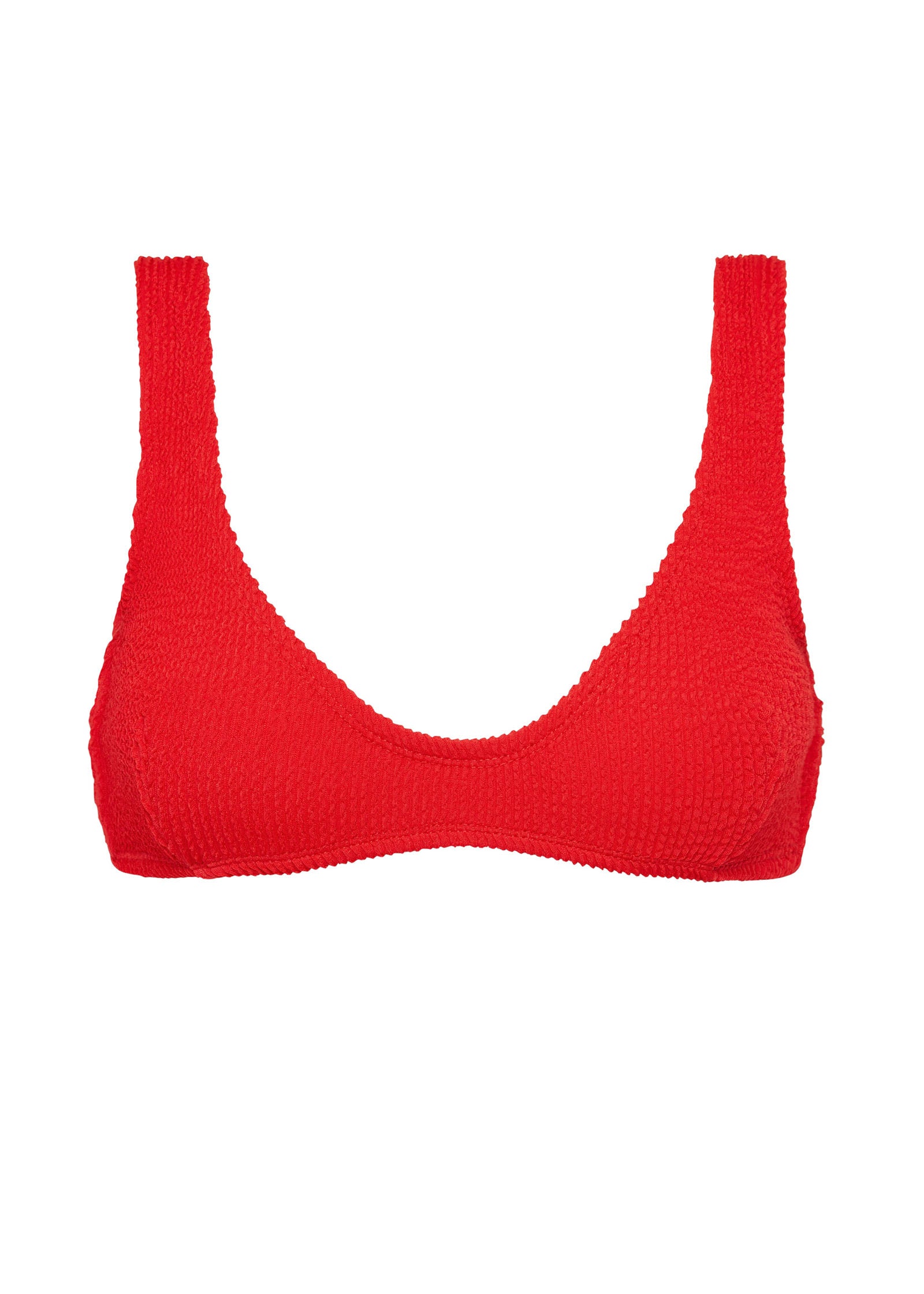 Textured red flattering scoop neck bikini top with thick shoulder straps and adjustable tie-back.