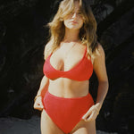 Red high-waisted, cheeky cut bikini bottom made from premium textured 5D fabric with power mesh lining to contour, sculpt and give superior support.