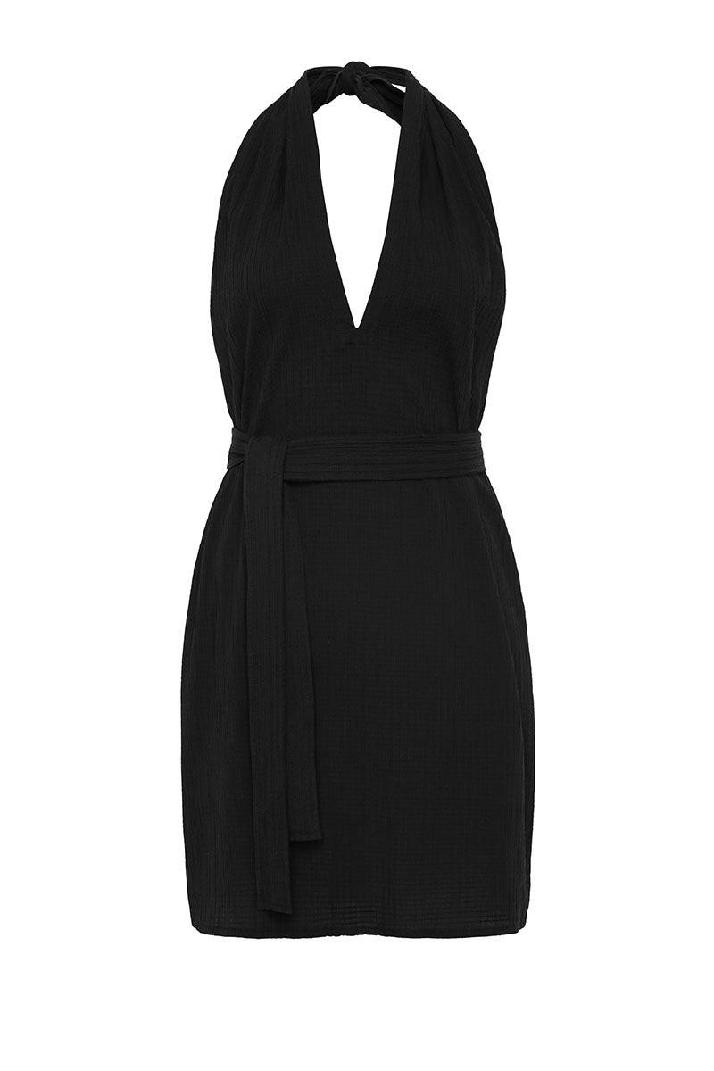 Behati Halter Textured Cotton Mini Dress Black