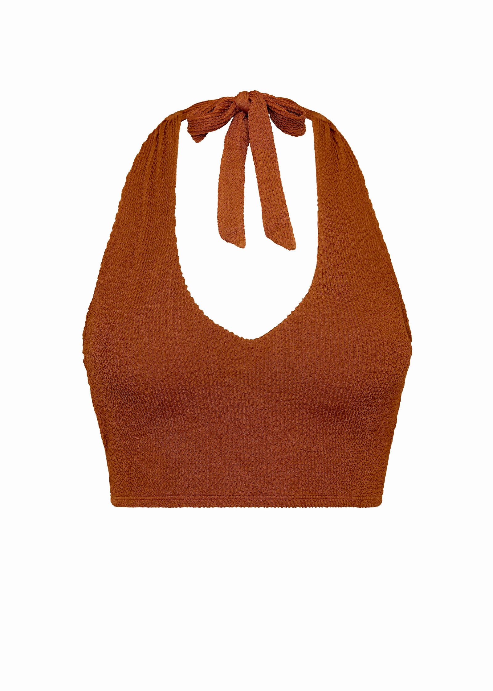 Caramel halter bikini top with built-in support, flattering plunge neckline and adjustable tie-neck.