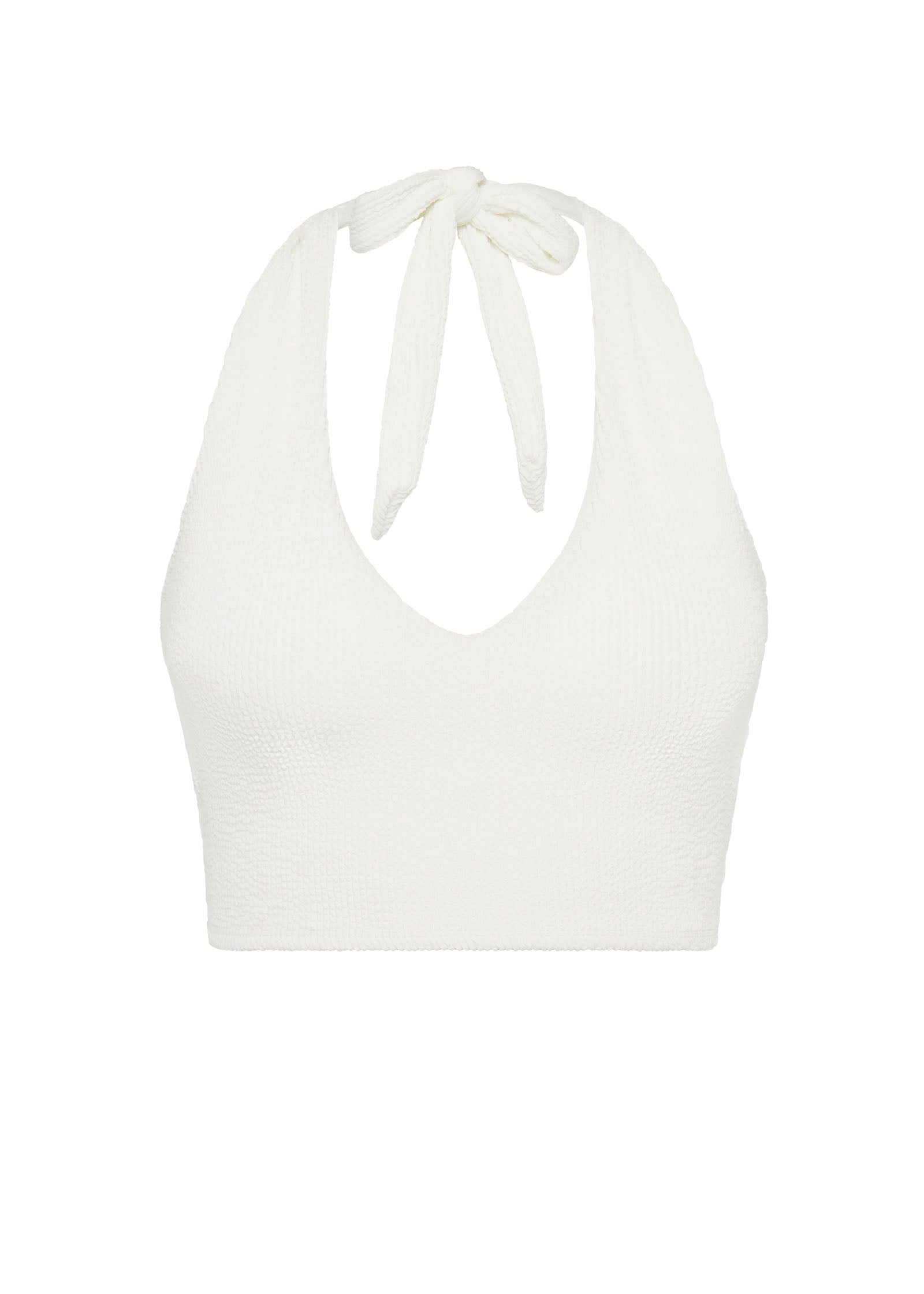 White halter bikini top with built-in support, flattering plunge neckline and adjustable tie-neck.
