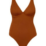 Textured caramel brown full coverage one piece swimsuit with a flattering plunge neckline, underwire bust support and adjustable shoulder straps.
