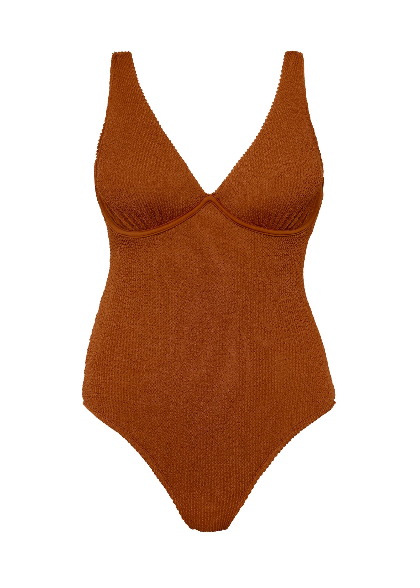 Textured caramel brown full coverage one piece swimsuit with a flattering plunge neckline, underwire bust support and adjustable shoulder straps.