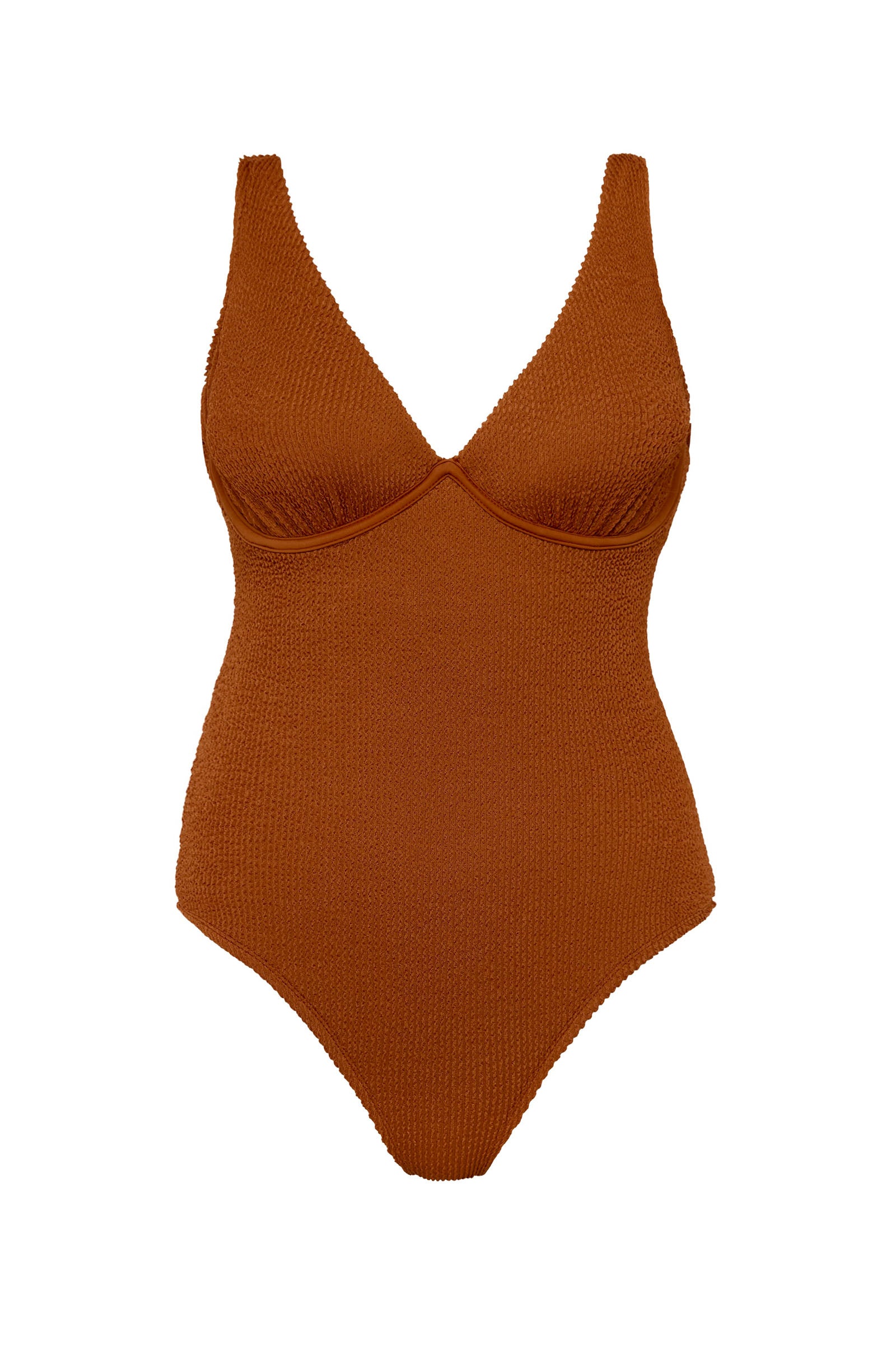 Textured caramel brown full coverage one piece swimsuit with a flattering plunge neckline, underwire bust support and adjustable shoulder straps.