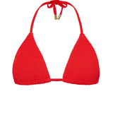 Red textured triangle bikini top with removable padding, tie neck and back for fully adjustable custom fit.