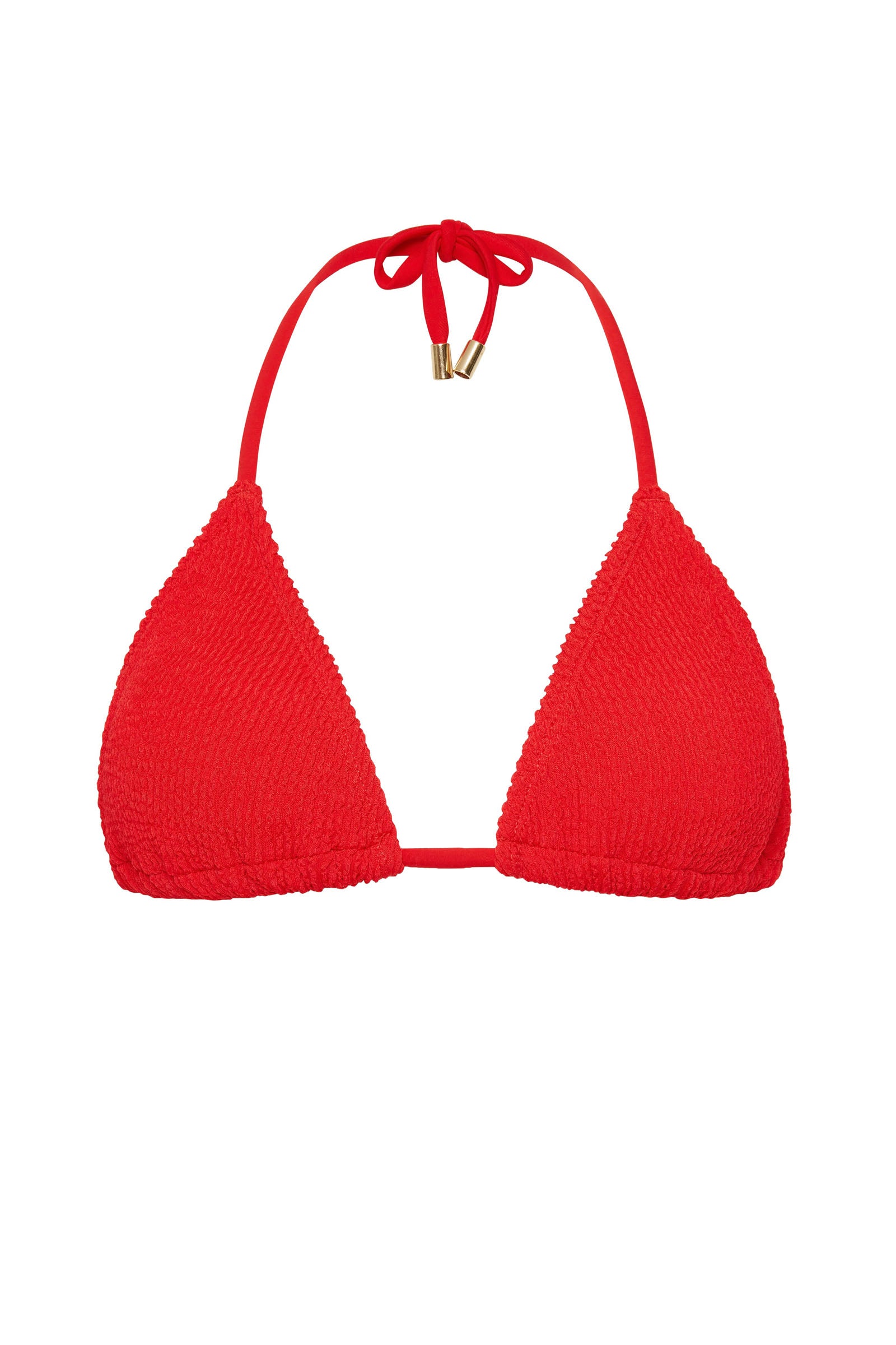 Red textured triangle bikini top with removable padding, tie neck and back for fully adjustable custom fit.