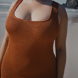 Caramel brown textured bodycon midi dress with inbuilt bra support, square neckline, side split and a sleek, sculpting fit.