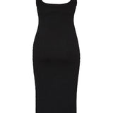 Black textured bodycon midi dress with inbuilt bra support, square neckline, side split and a sleek, sculpting fit.