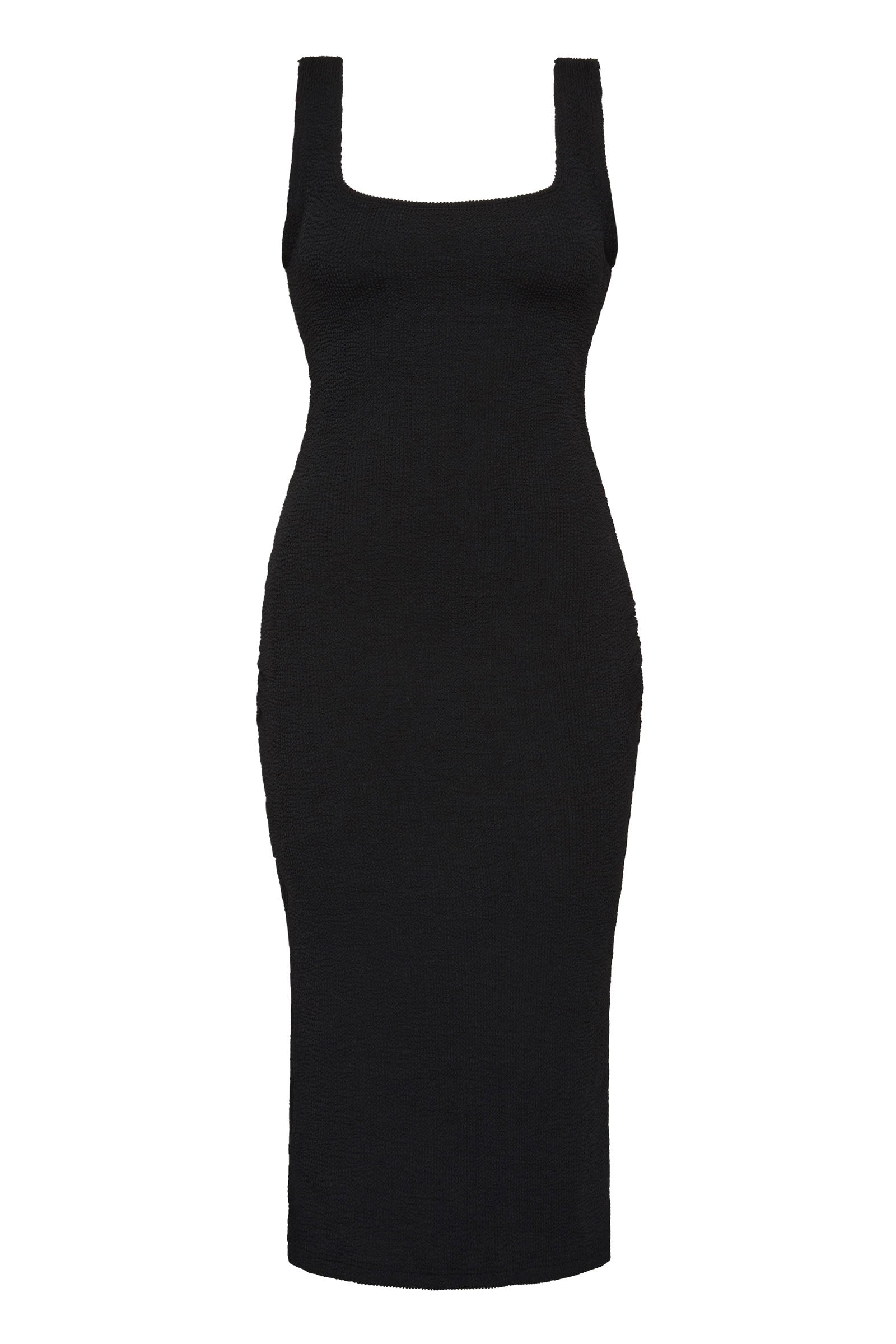 Black textured bodycon midi dress with inbuilt bra support, square neckline, side split and a sleek, sculpting fit.
