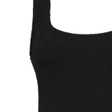 Black textured bodycon mini dress with inbuilt bra support, square neckline and a sleek, sculpting fit.