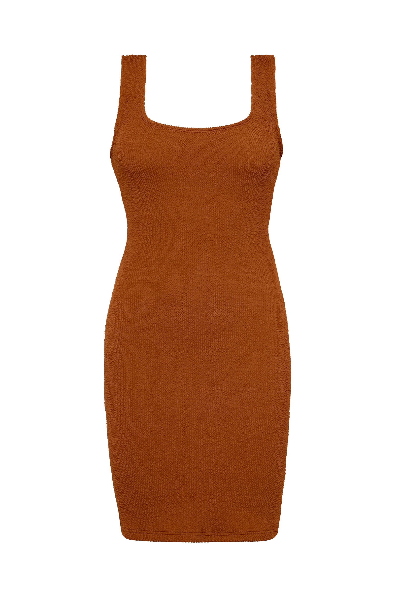 Caramel brown textured bodycon mini dress with inbuilt bra support, square neckline and a sleek, sculpting fit.