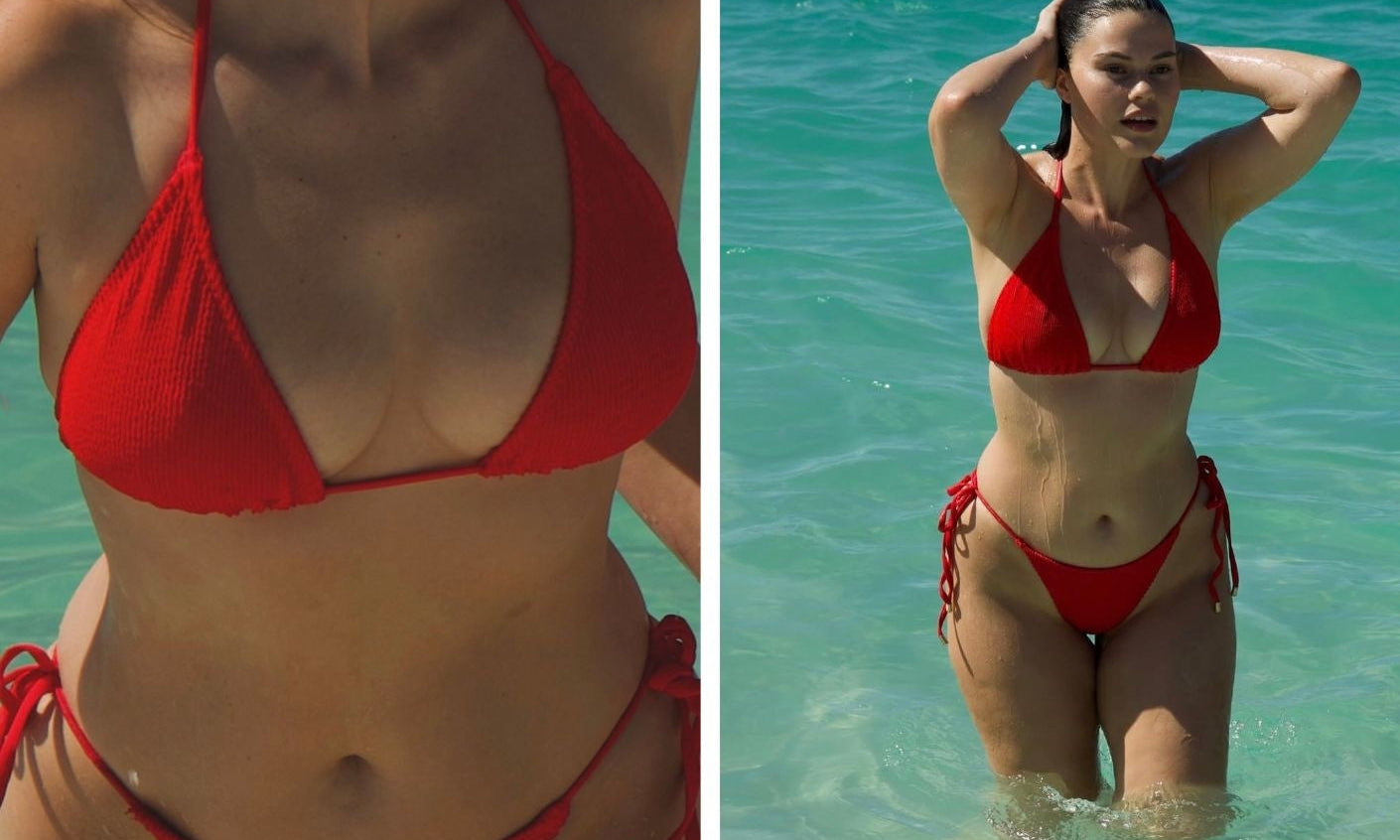 Bokumaia swimwear – Jasmine O'Neill in the Olah D+ red string bikini, supportive inclusive bikini for curves