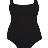 Bokumaia Azure black square neck one piece swimsuit, flat lay with wide supportive straps