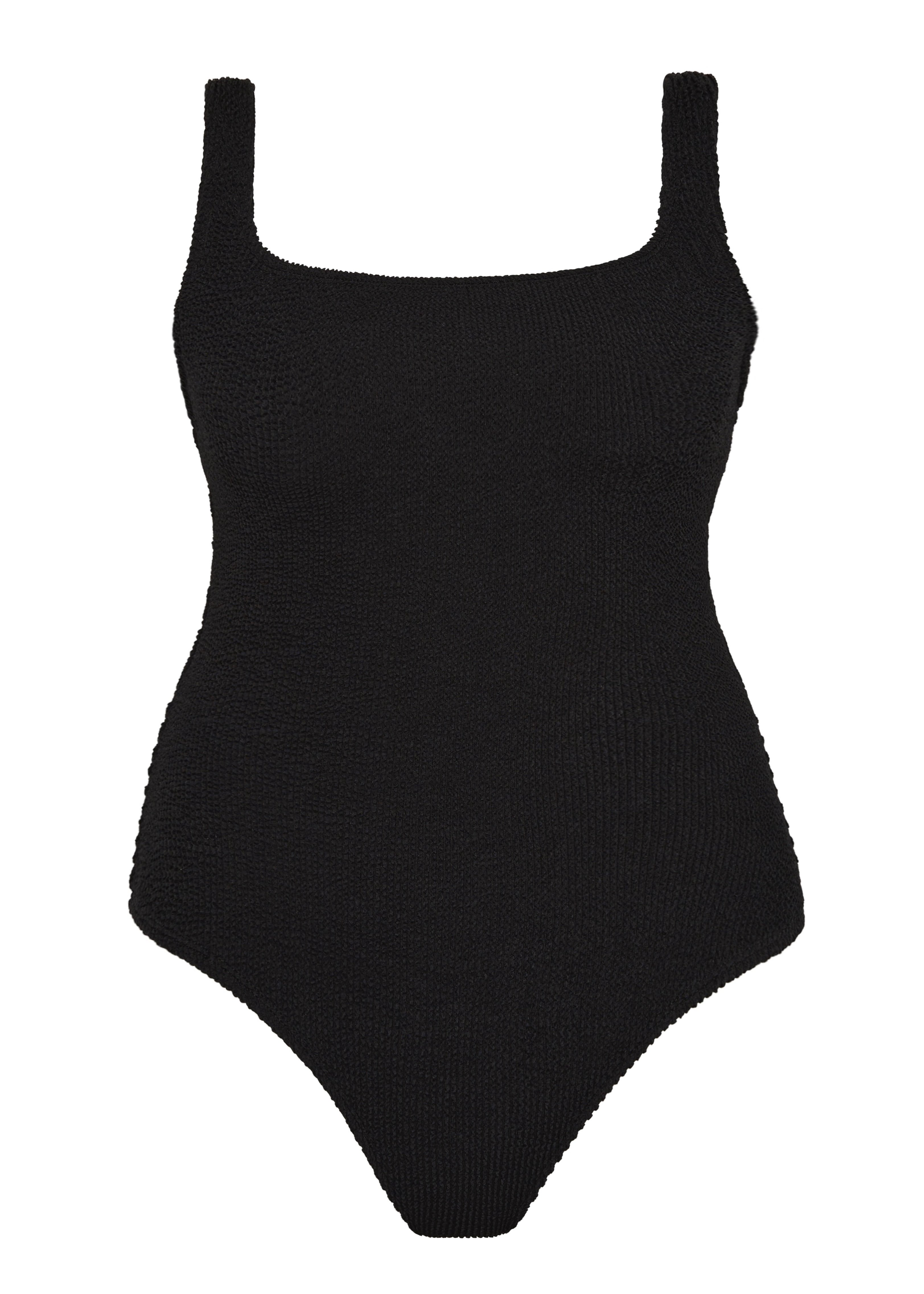 Bokumaia Azure black square neck one piece swimsuit, flat lay with wide supportive straps
