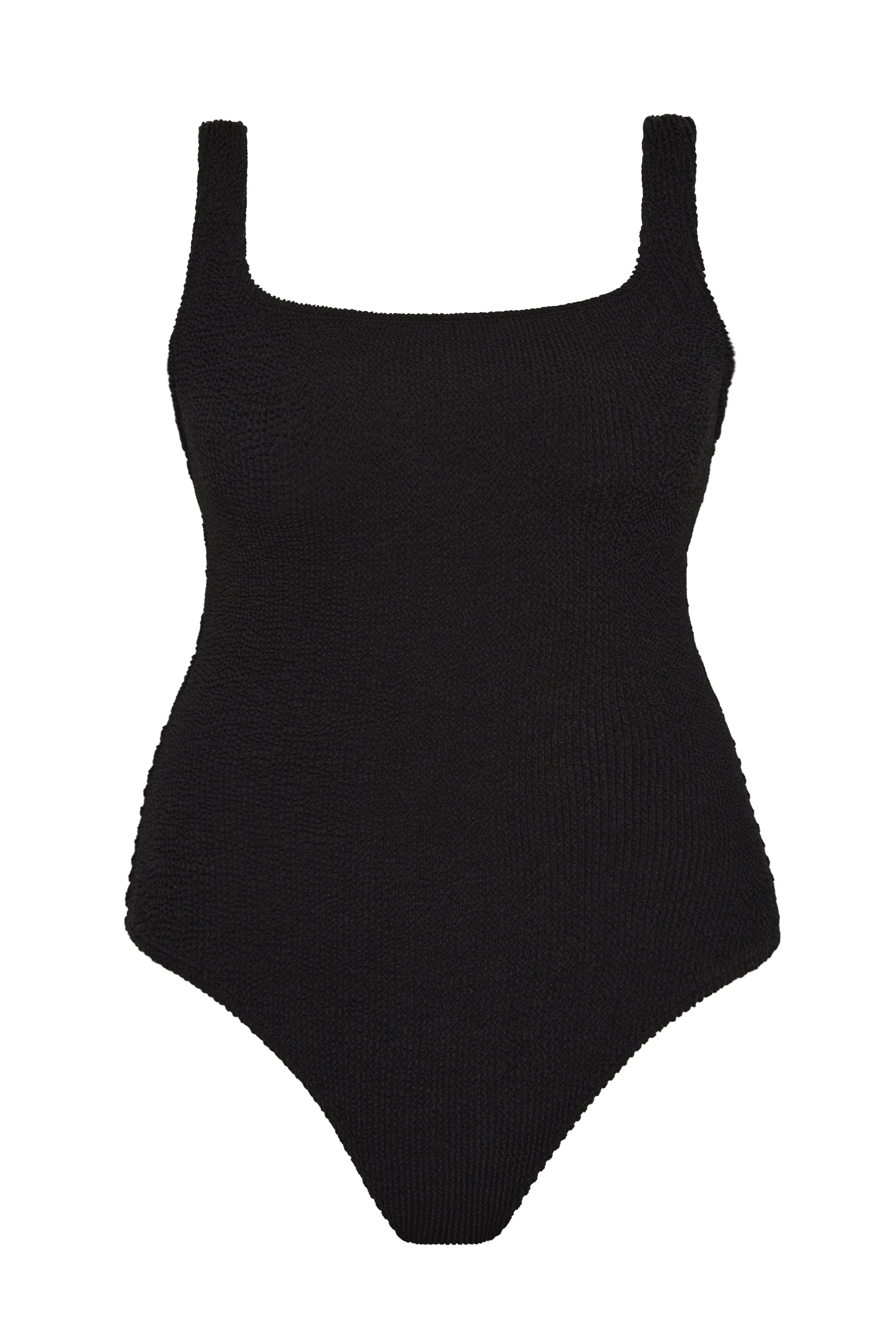 Bokumaia Azure black square neck one piece swimsuit, flat lay with wide supportive straps