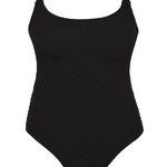 Bokumaia Flora black one piece swimsuit, flat lay showing scoop neckline and adjustable straps