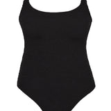Bokumaia Flora black one piece swimsuit, flat lay showing scoop neckline and adjustable straps
