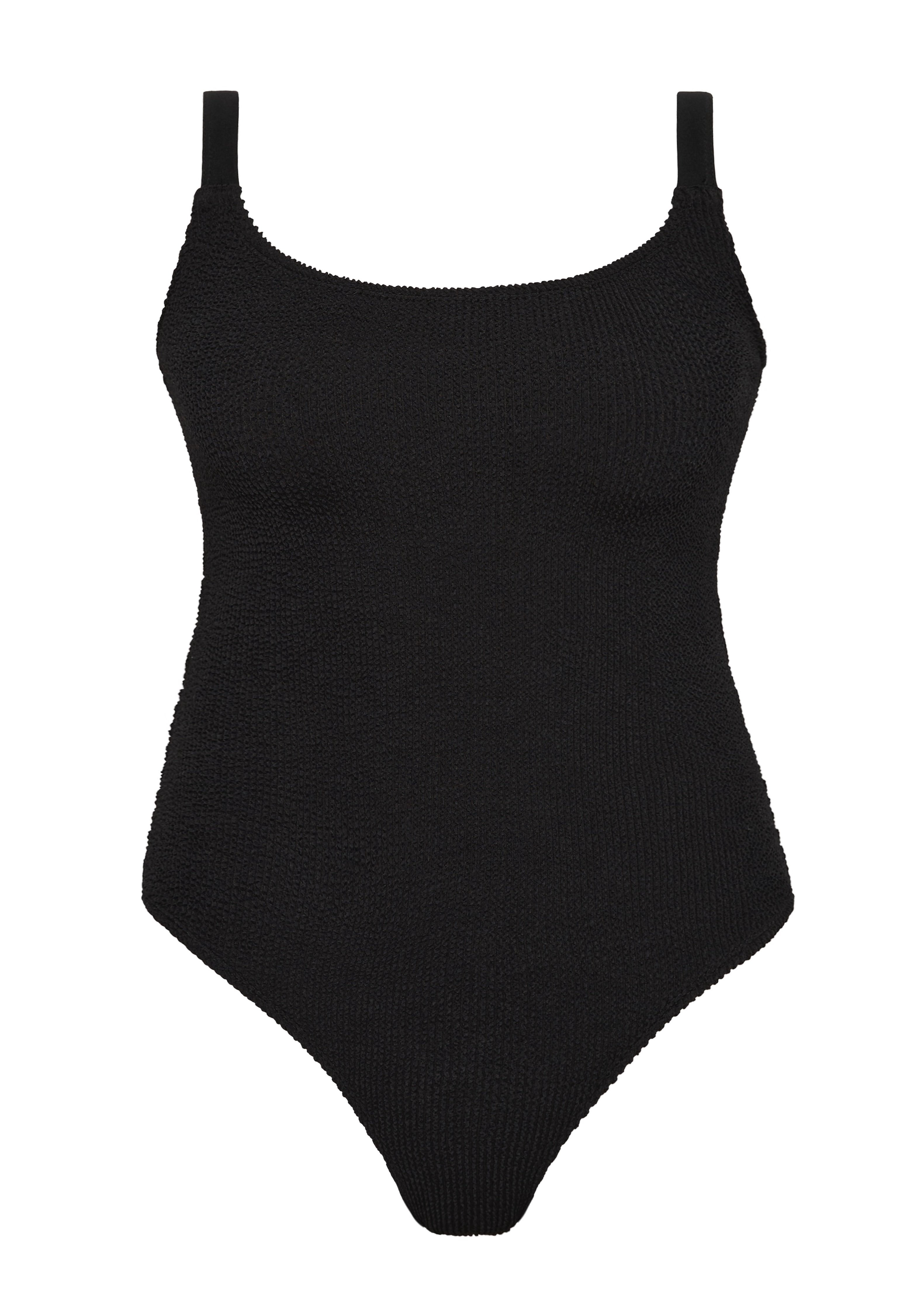 Bokumaia Flora black one piece swimsuit, flat lay showing scoop neckline and adjustable straps