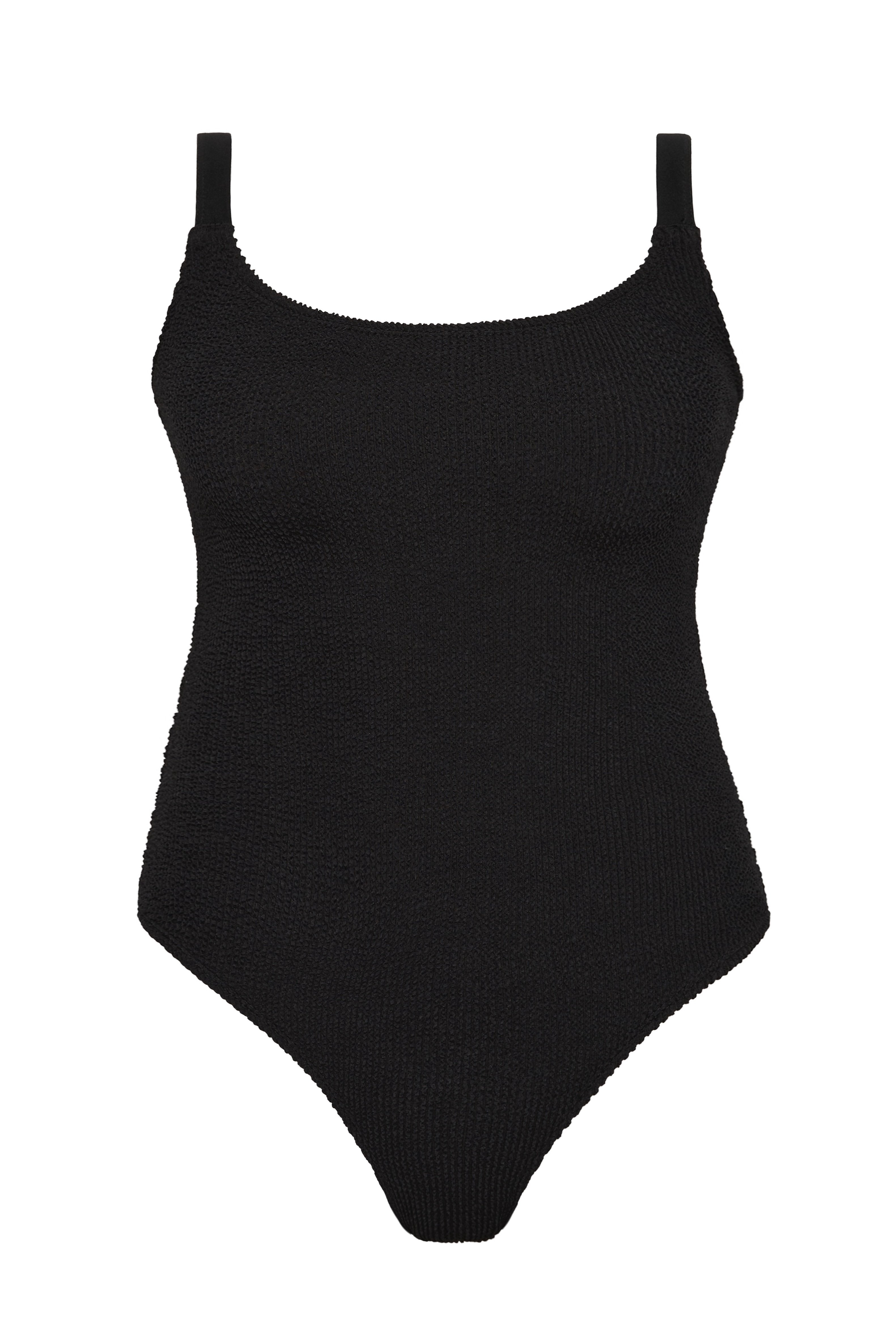 Bokumaia Flora black one piece swimsuit, flat lay showing scoop neckline and adjustable straps