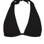 Bokumaia Halo black halter triangle bikini top, flat lay showing the neck tie fastening