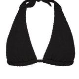 Bokumaia Halo black halter triangle bikini top, flat lay showing the neck tie fastening