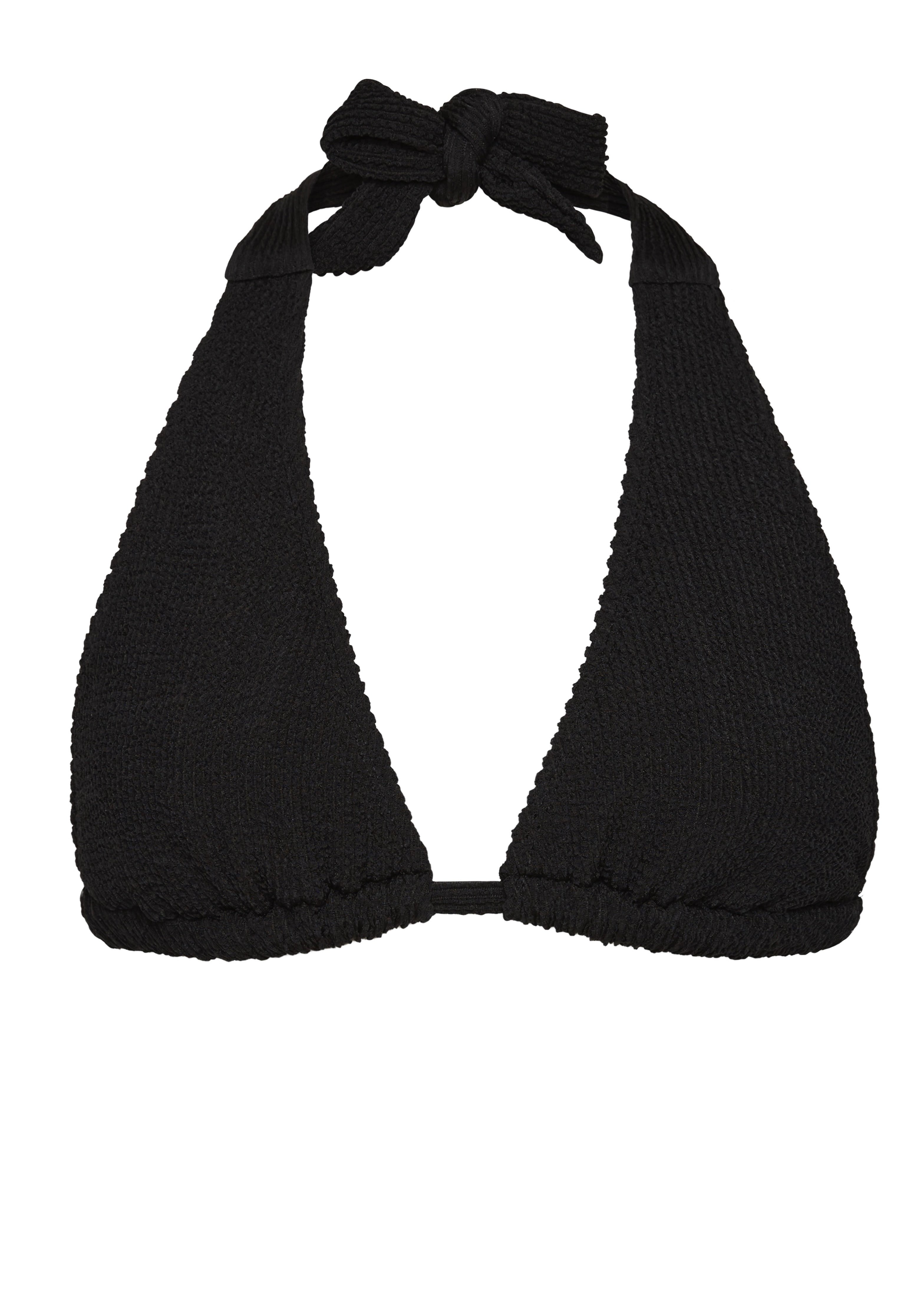 Bokumaia Halo black halter triangle bikini top, flat lay showing the neck tie fastening