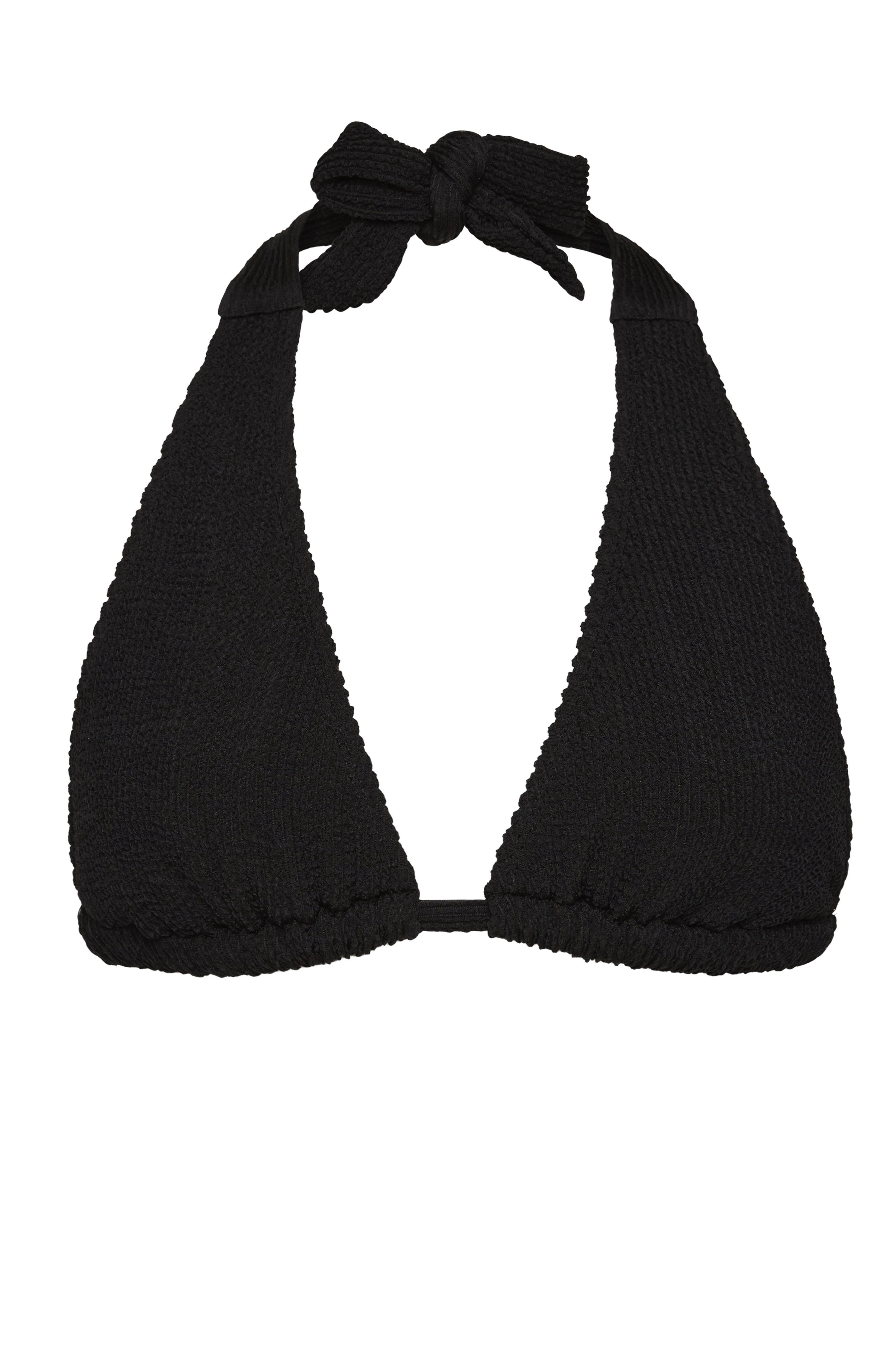 Bokumaia Halo black halter triangle bikini top, flat lay showing the neck tie fastening