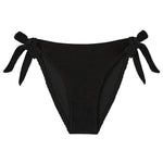 Bokumaia Halo black tie side bikini bottoms, flat lay showing both adjustable side ties