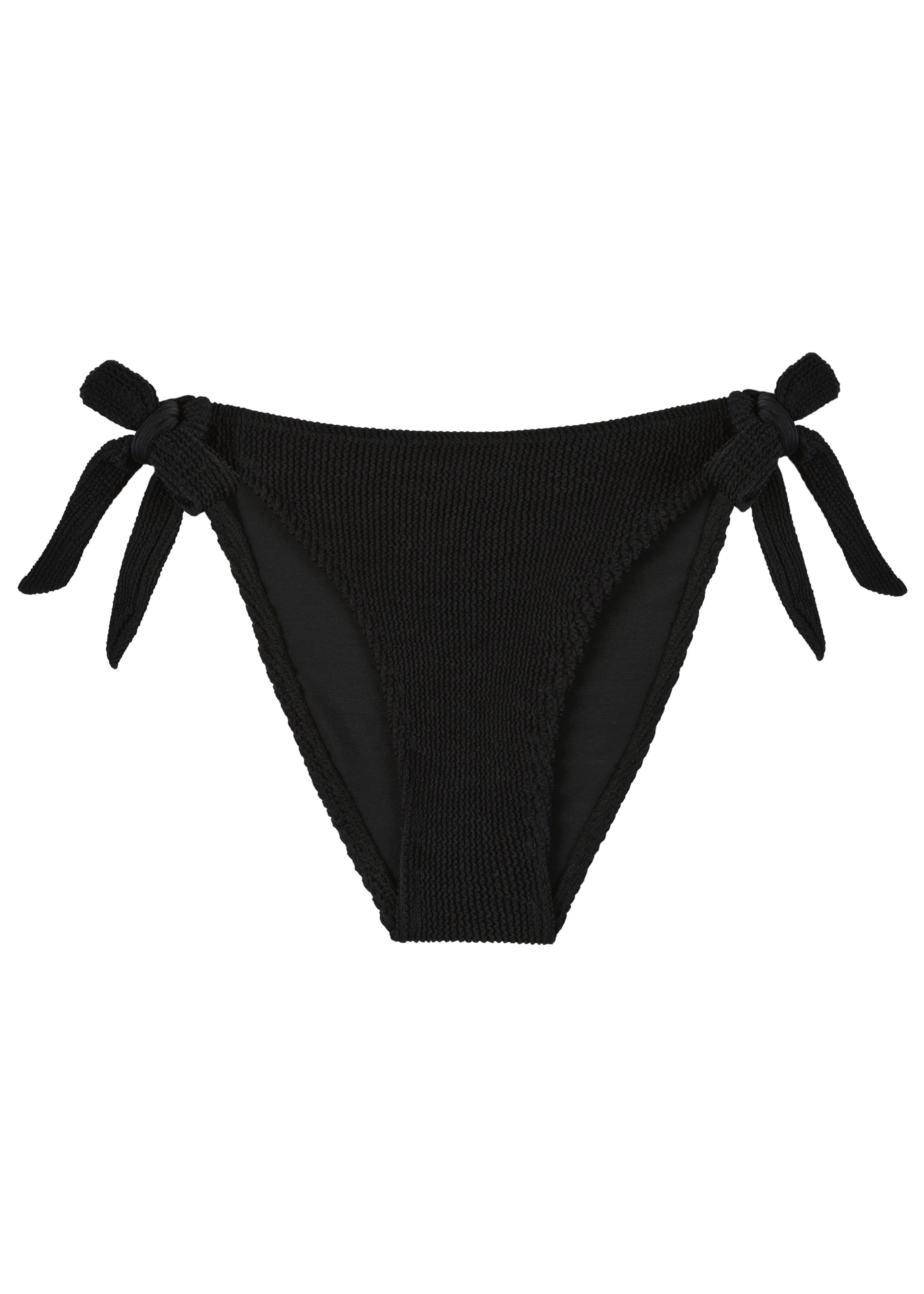 Bokumaia Halo black tie side bikini bottoms, flat lay showing both adjustable side ties
