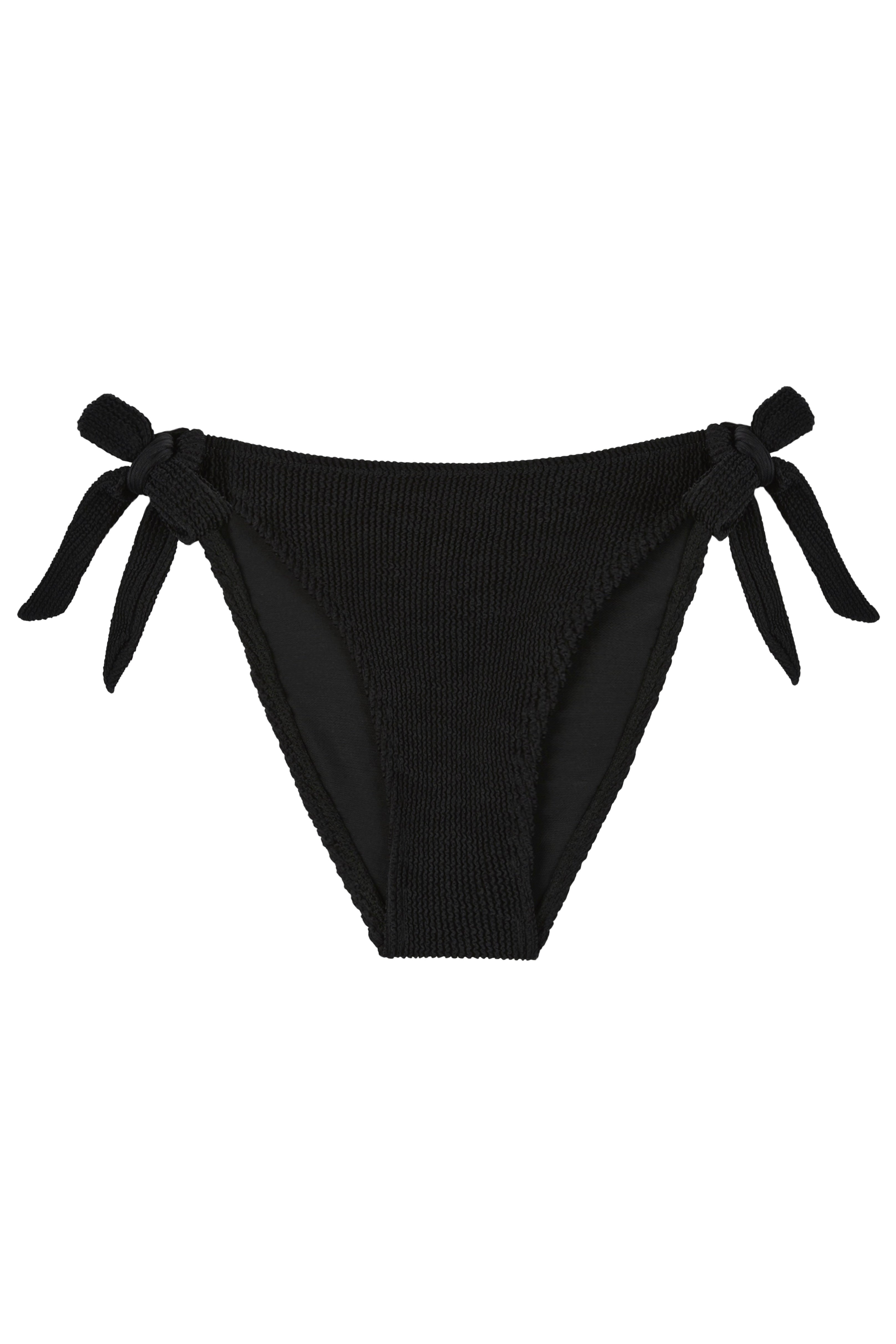 Bokumaia Halo black tie side bikini bottoms, flat lay showing both adjustable side ties