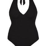 Bokumaia Haze black halter one piece swimsuit, flat lay showing the deep plunge neckline