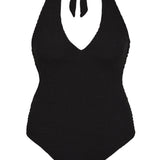 Bokumaia Haze black halter one piece swimsuit, flat lay showing the deep plunge neckline