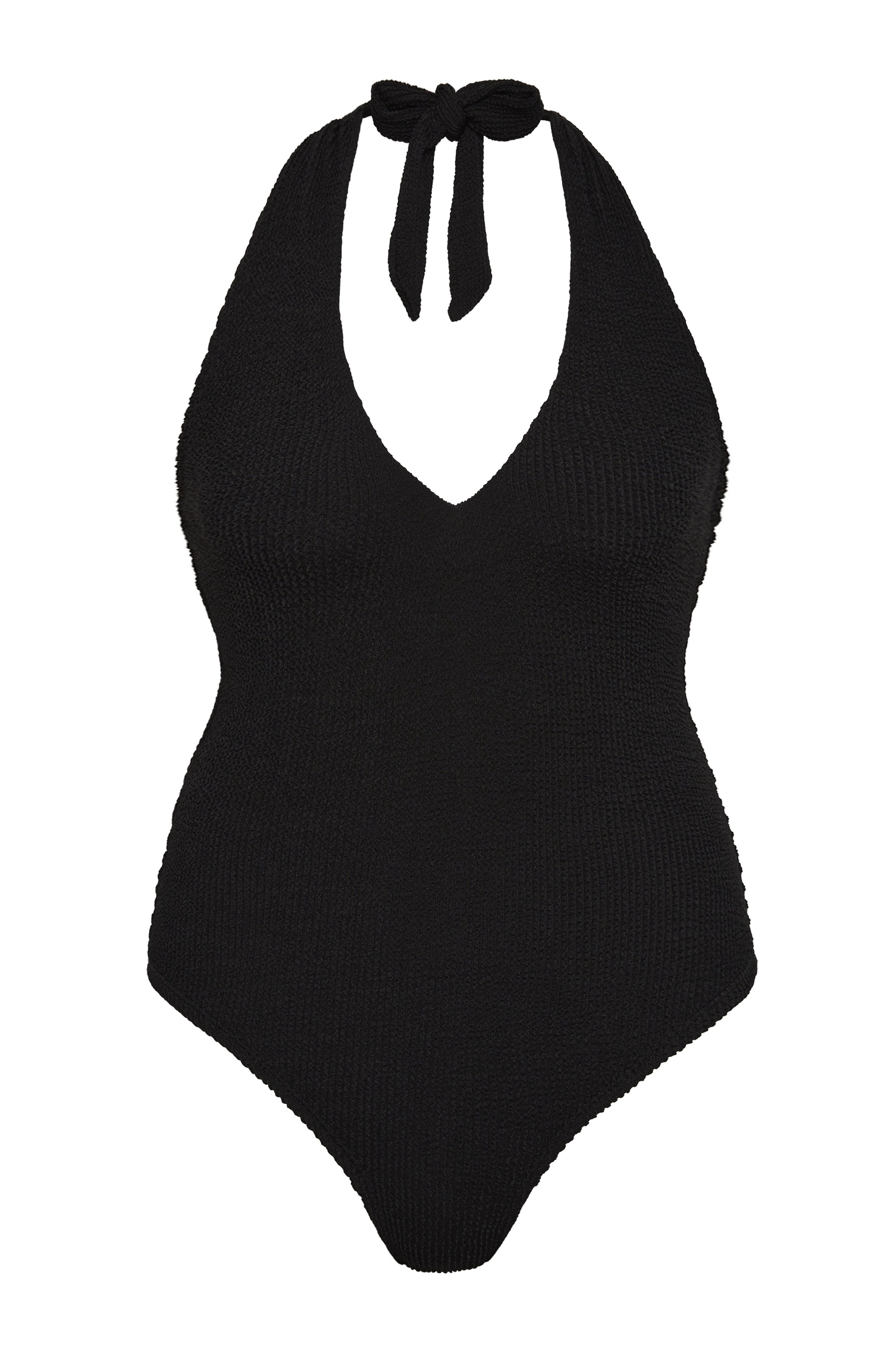 Bokumaia Haze black halter one piece swimsuit, flat lay showing the deep plunge neckline
