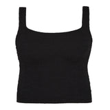 Bokumaia Sirena black square neck tankini top, flat lay with wide supportive straps