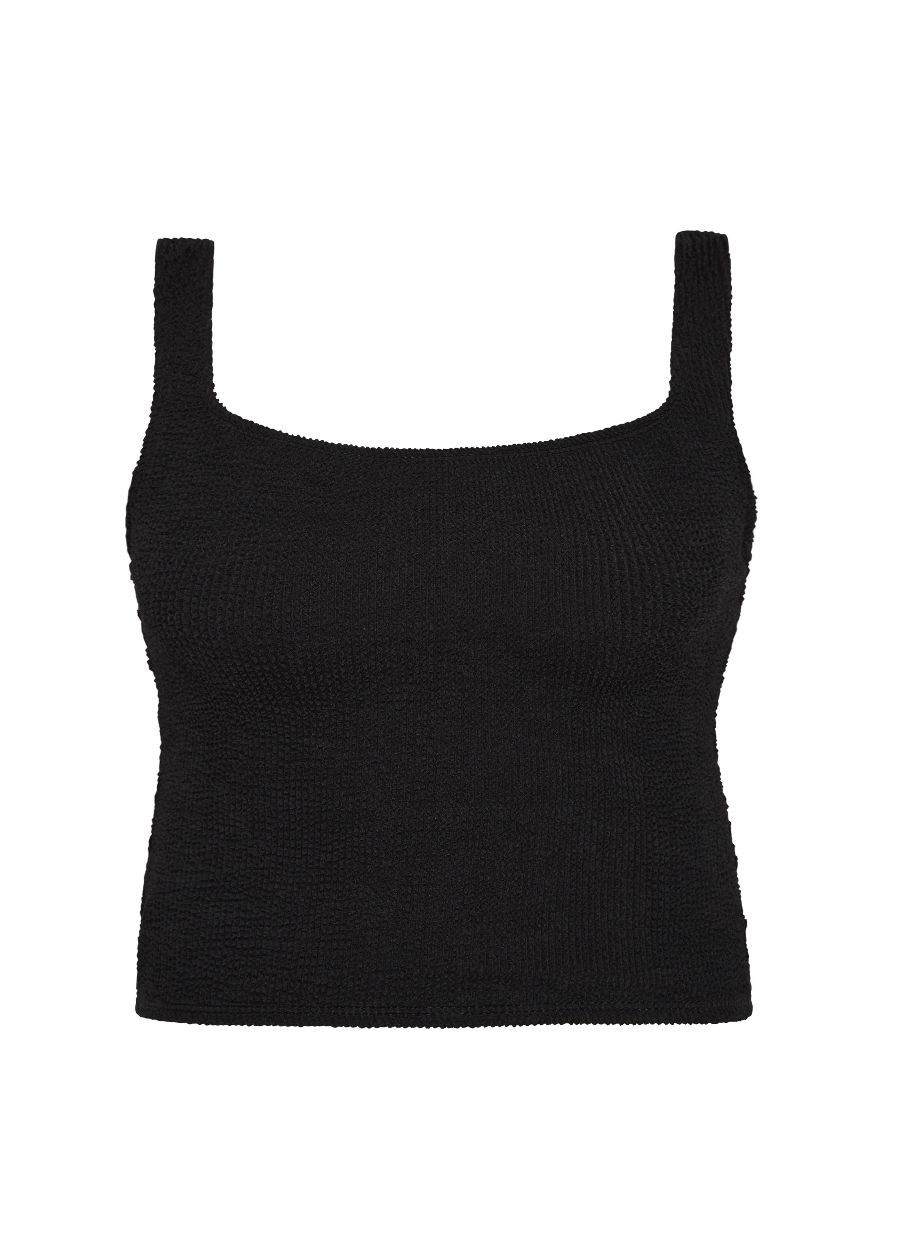 Bokumaia Sirena black square neck tankini top, flat lay with wide supportive straps