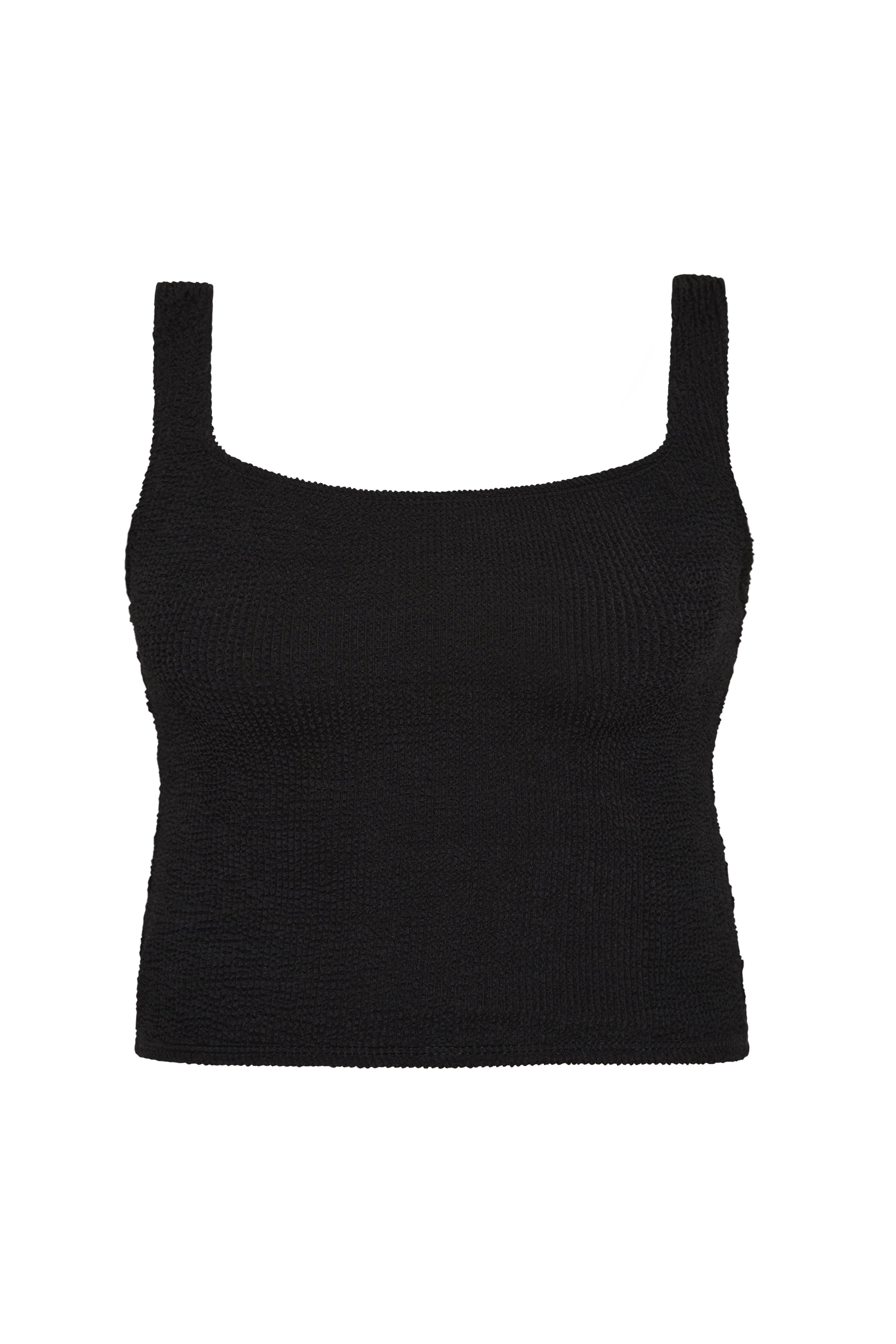 Bokumaia Sirena black square neck tankini top, flat lay with wide supportive straps