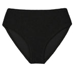 Bokumaia Sirena black bikini bottoms, flat lay showing mid rise front and full coverage