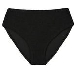 Bokumaia Sirena black bikini bottoms, flat lay showing mid rise front and full coverage