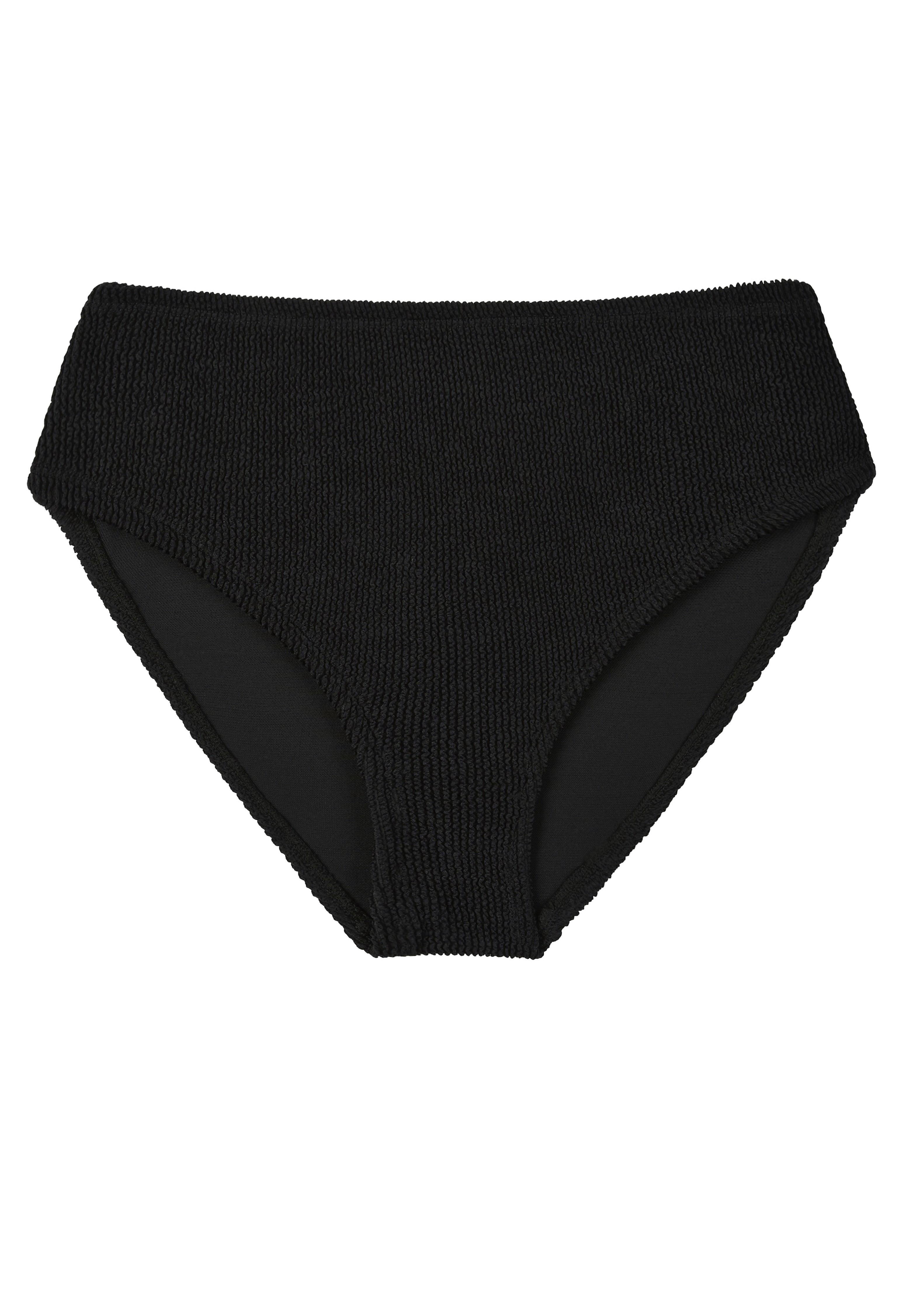 Bokumaia Sirena black bikini bottoms, flat lay showing mid rise front and full coverage