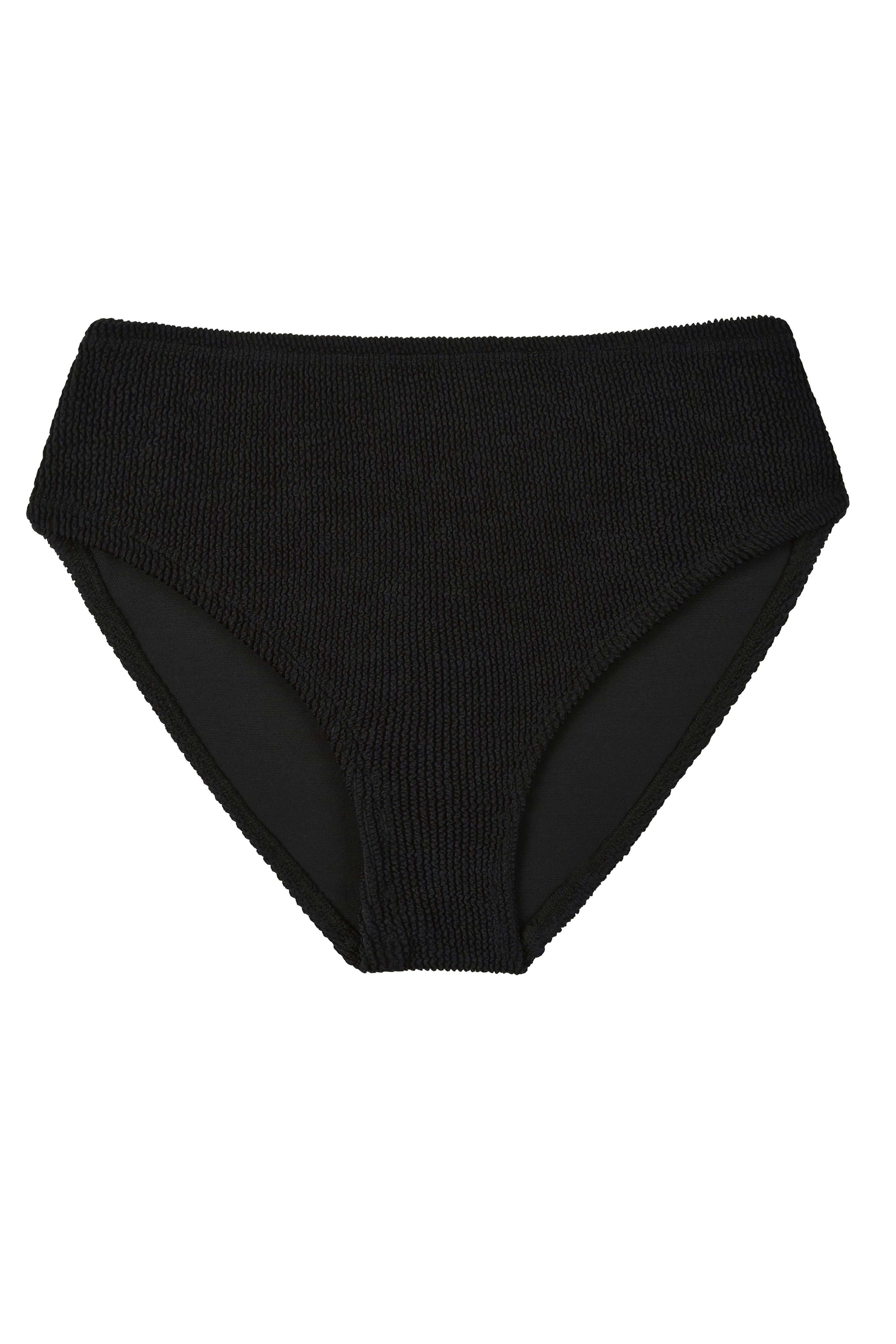 Bokumaia Sirena black bikini bottoms, flat lay showing mid rise front and full coverage