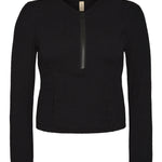 Bokumaia Zephyr black cropped rash vest, flat lay showing the centre front half zip