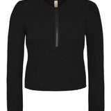 Bokumaia Zephyr black cropped rash vest, flat lay showing the centre front half zip