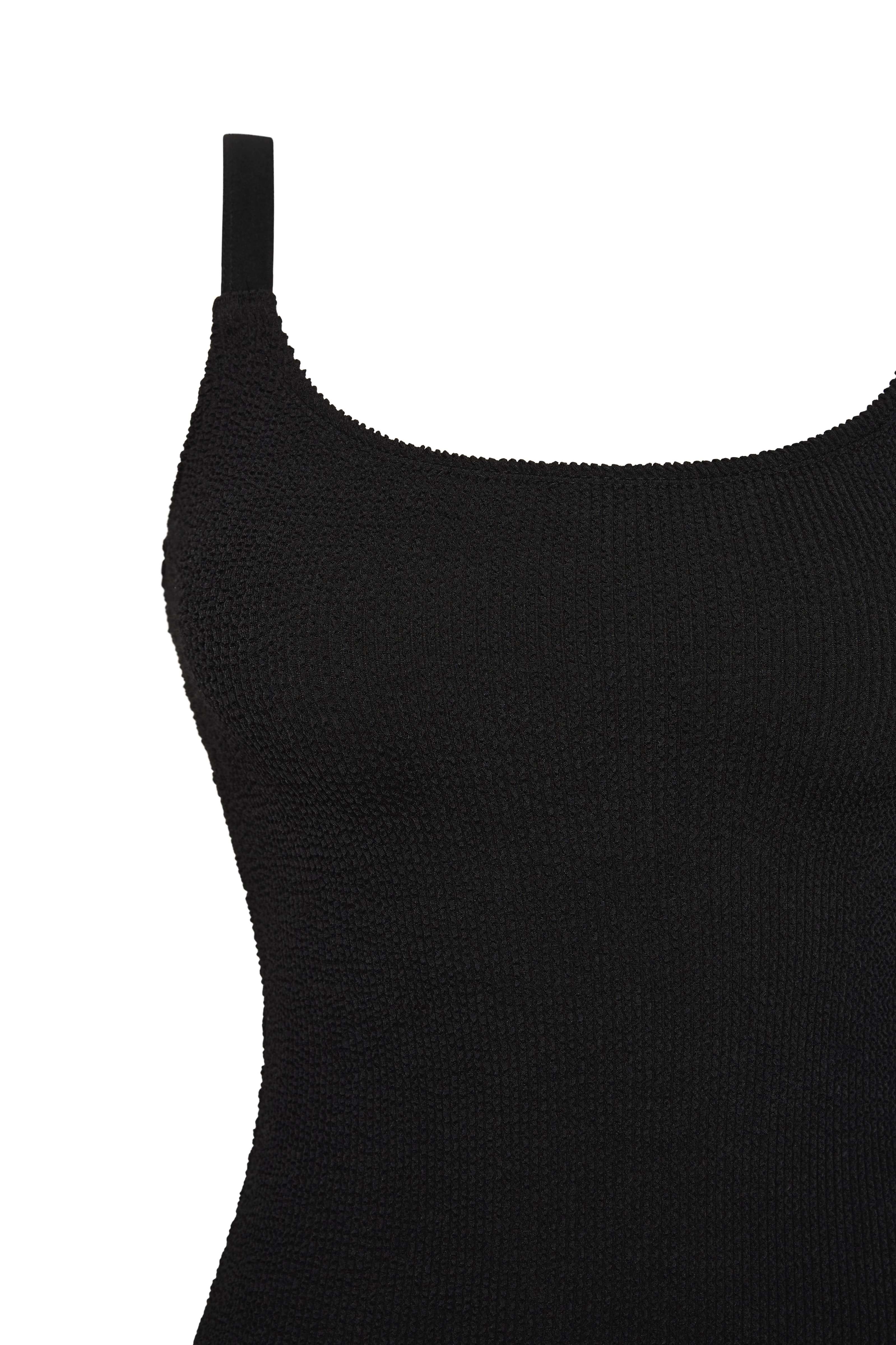 Flat lay close-up of textured 5D fabric on a black supportive one piece swimsuit