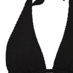 Flat lay of the black Halo halter triangle bikini top with adjustable neck ties