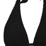 Flat lay of the black Halo halter triangle bikini top with adjustable neck ties