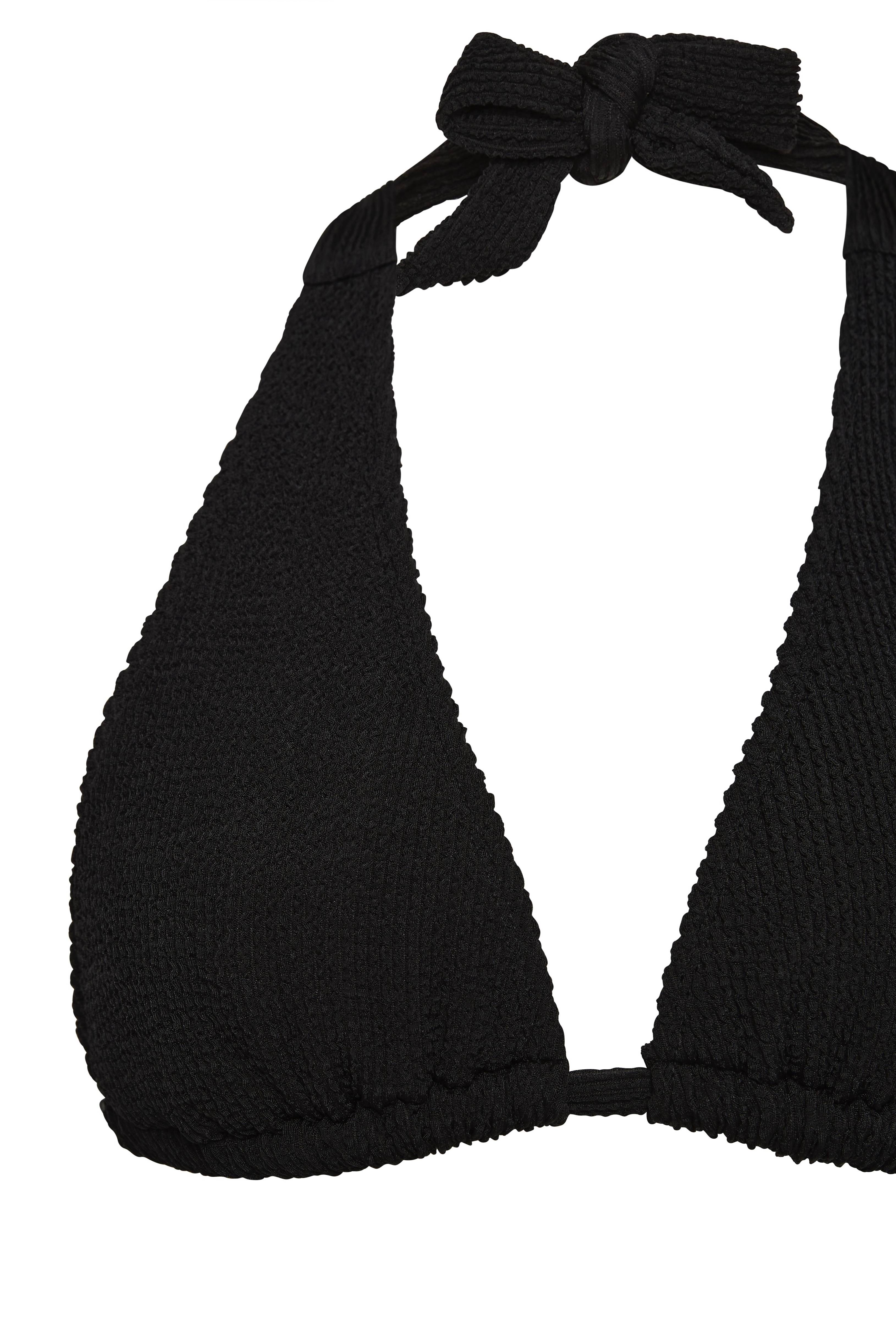 Flat lay of the black Halo halter triangle bikini top with adjustable neck ties