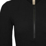 Flat lay back view of the black Zephyr swim top showing the collar and zip pull