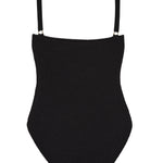 Flat lay of the black Flora one piece swimsuit with adjustable shoulder straps