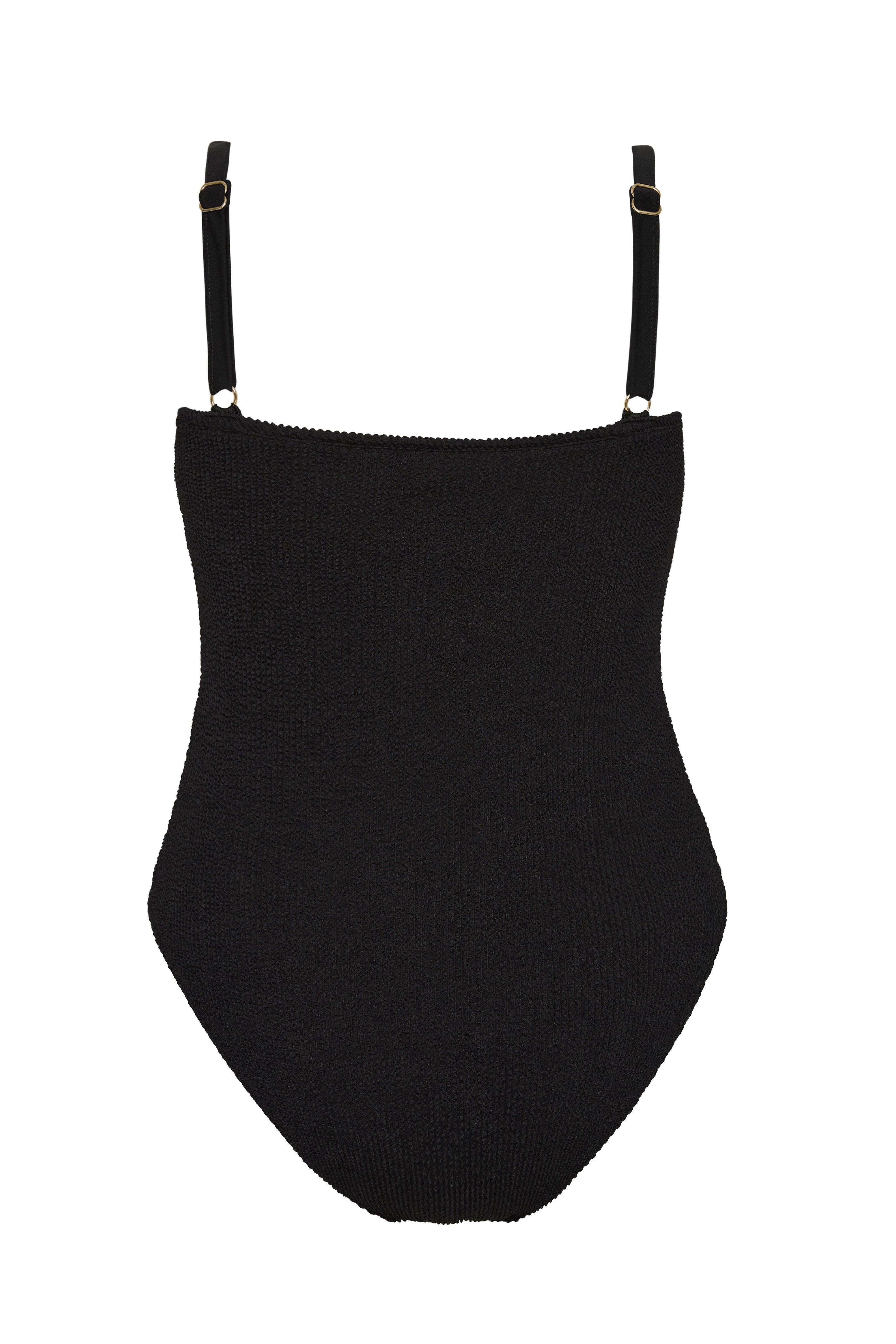 Flat lay of the black Flora one piece swimsuit with adjustable shoulder straps