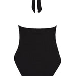 Flat lay detail of the black Haze halter swimsuit showing the neck tie fastening